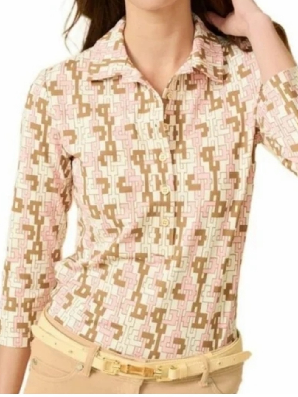 LN J. McLaughlin Brown Pink Geometric Print Court Polo Collar 3/4 Sleeve Top - M